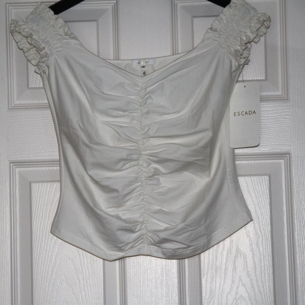 ESCADA White Stretch Cotton Blend Ruched Top On/Off Shoulder Italy Size EU 40